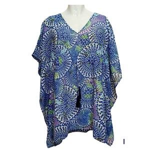 Rise & Bloom Swim Cover Women's L Blue Geometric Tassel Batwing Cruise Resort